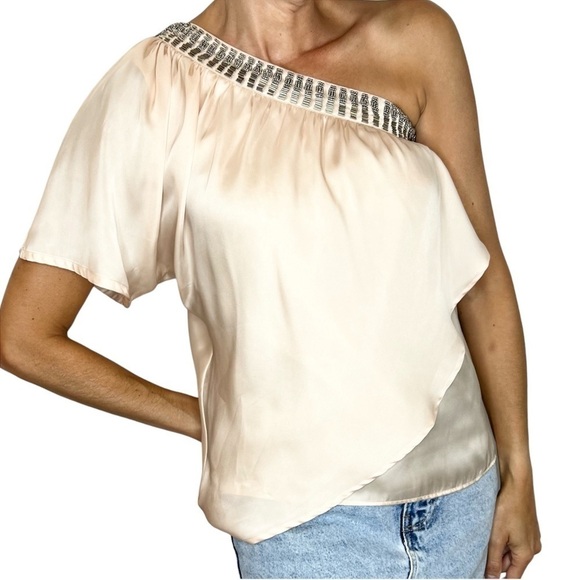 Bedo Tops - BEDO Femme blush satin beaded neckline one shoulder top S
